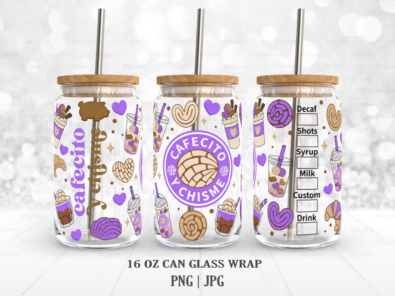 Puede incluir: Tres envoltorios de lata de vidrio de 473 ml con un dise&ntilde;o morado, marr&oacute;n y blanco con el texto "Cafecito y Chisne".
