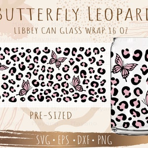 Schmetterling Leopard Libbey Can Glass Wrap svg, DIY für Libbey Can Shaped Bierglas 16 oz Cut File für Cricut und Silhouette
