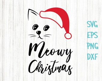 Miau-Weihnachts-SVG, süßes Katzengesicht mit Weihnachtsmütze, SVG-Schnittdatei, Silhouette, Cricut, digitale Datei