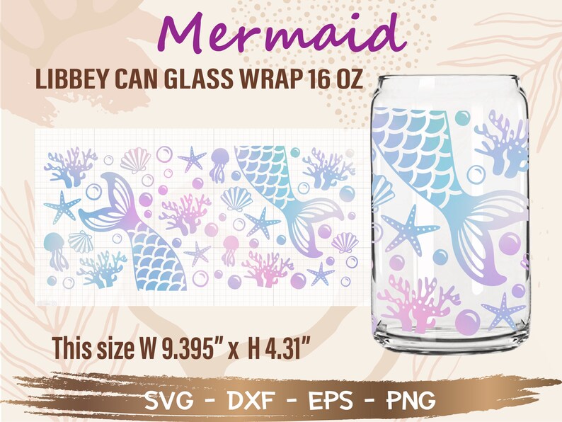 Mermaid Tail Libbey Can Glass Wrap svg, DIY para Libbey Can Shaped Beer Glass 16 oz archivo cortado para Cricut y Silhouette Instant Download