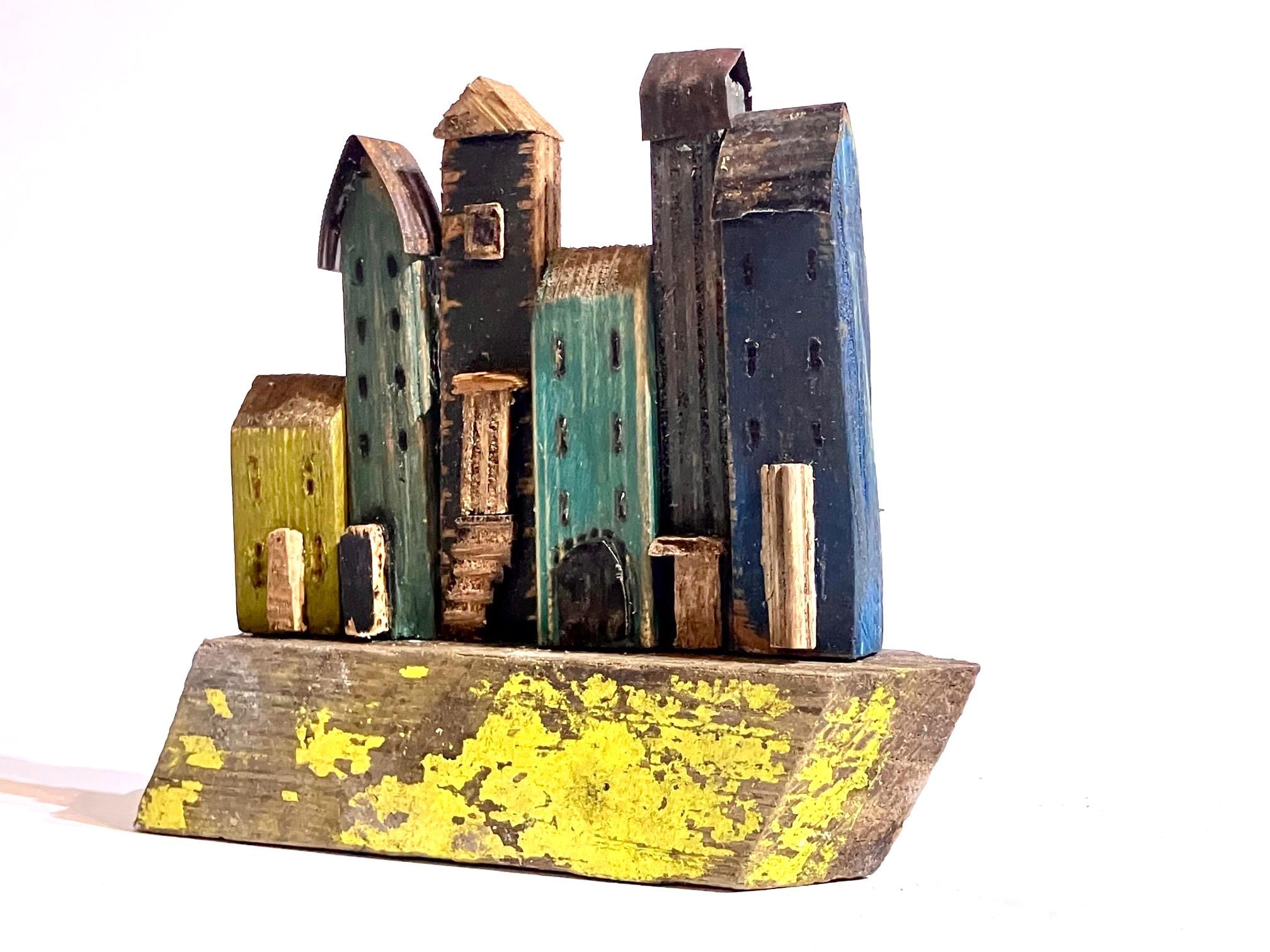 Quirky Little Wooden Street of Houses Ornament With Rusty Tin Can Roofs ...