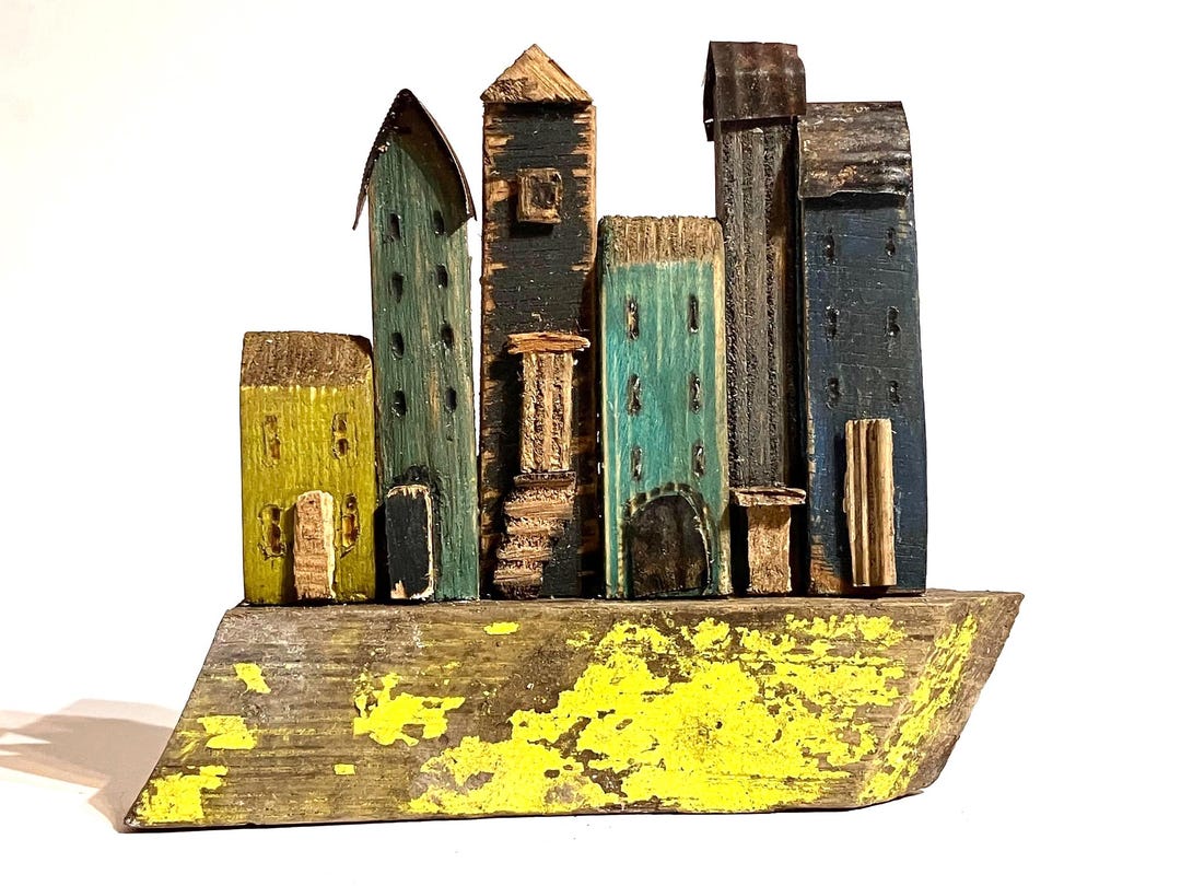Quirky Little Wooden Street of Houses Ornament With Rusty Tin Can Roofs ...