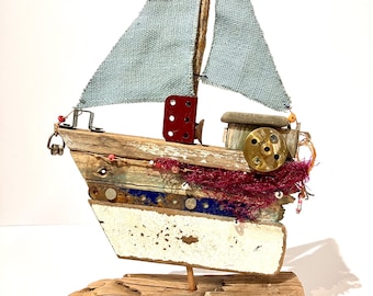 Assemblage and found object art driftwood sail boat rustic ornament