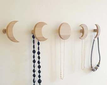 Moon phases decorative wall hooks | moon wall décor, half moon wall décor, wooden wall hooks, jewellery hooks, purse hooks, entryway hooks