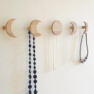 Moon phases decorative wall hooks | moon wall décor, half moon wall décor, wooden wall hooks, jewellery hooks, purse hooks, entryway hooks