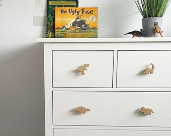 Boutons de tiroir dinosaure | décoration de chambre de dinosaure, thème dino, chêne massif, boutons de tiroir uniques, poignées de tiroir en bois, décoration de chambre d'enfants