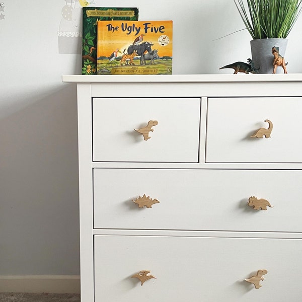 Dinosaur drawer knobs | dinosaur nursery decor, dino theme, solid oak, unique drawer knobs, wooden drawer pulls, kids bedroom decor