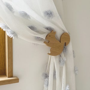 Woodland curtain tie backs | curtain holdbacks, rabbit tie back hook, squirrel tie back hook, curtain tie backs for kids, solid oak