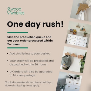 May include: The image displays the text "One day rush!" and promotes a quick order processing time of 24 hours. It also showcases wooden decorative items, such as a dolphin, cars, and shelves, suggesting a theme of children's decor.