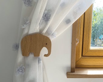 Safari curtain tie backs | kids curtain holdbacks, elephant tie back hook, giraffe tie back hook, solid oak, kids curtain clips