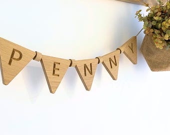 Personalised wooden bunting | baby name sign, baby shower gift, nursery decor, solid oak, new baby gift