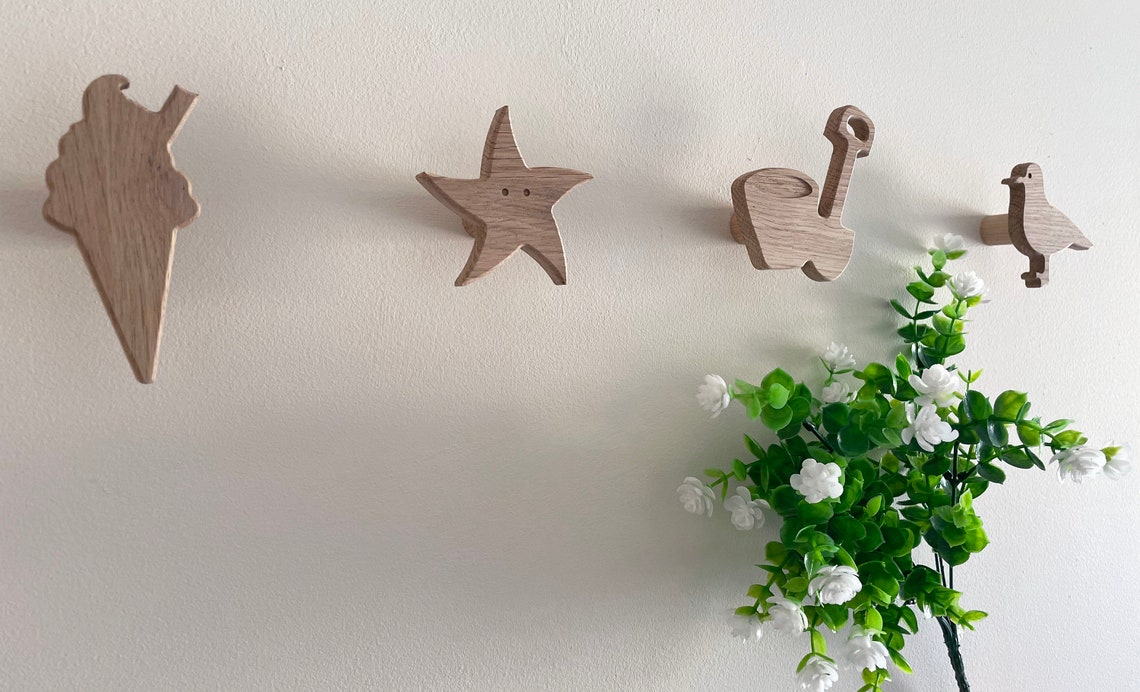 Beach theme wall hooks set of 5 coat hooks solid oak wood Etsy