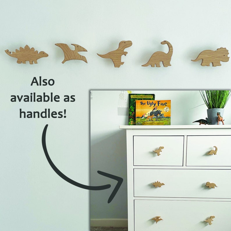 dino nursery decor ideas - wall hooks and drawer handles