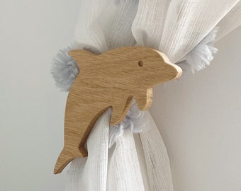 Ocean curtain tie backs | curtain holdbacks, dolphin tie back hook, whale tie back hook, ocean nursery decor, solid oak curtain clips