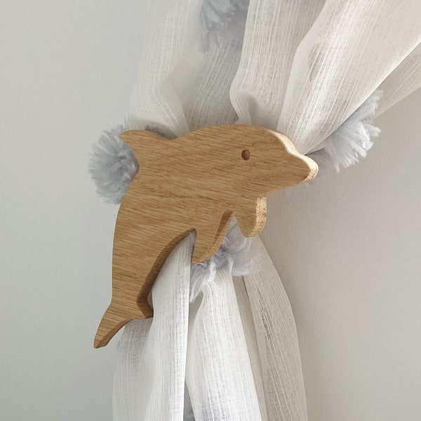 Ocean curtain tie backs | curtain holdbacks, dolphin tie back hook, whale tie back hook, ocean nursery decor, solid oak curtain clips