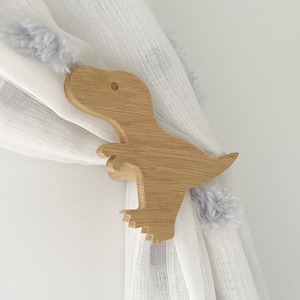 Dinosaur curtain tie backs | curtain holdbacks, t-rex tie back hook, dino tie back hook, dinosaur nursery decor, solid oak