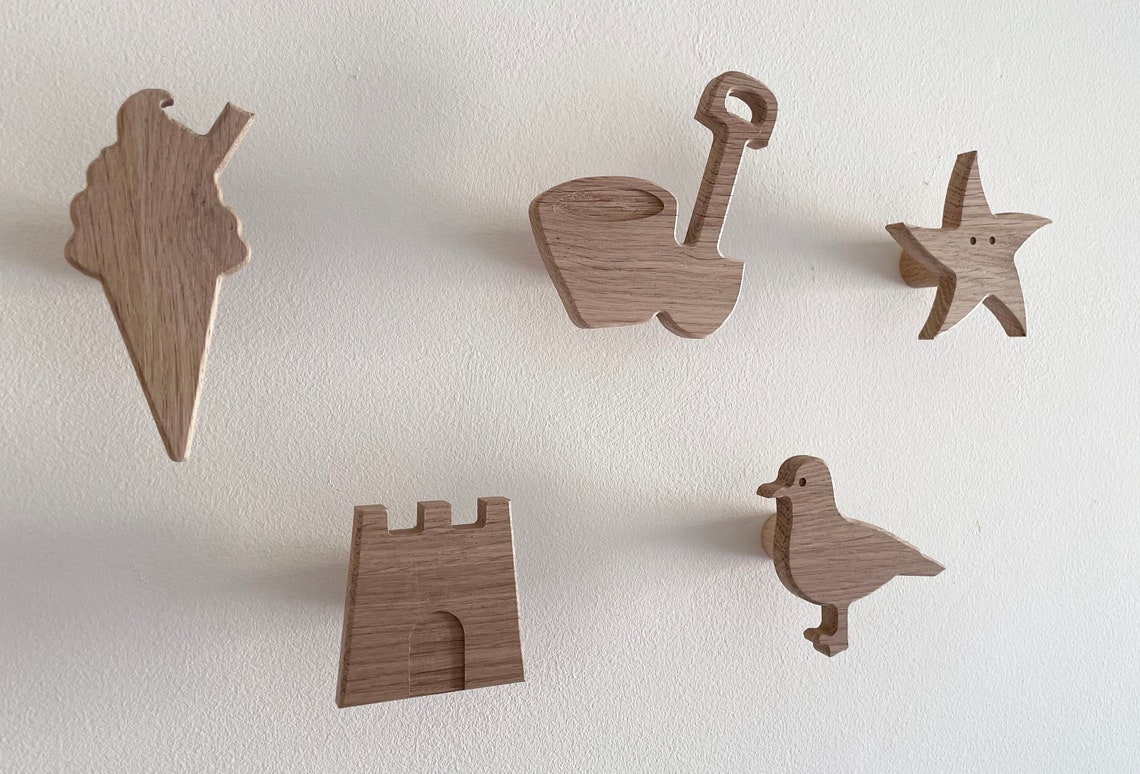 Beach theme wall hooks set of 5 coat hooks solid oak wood Etsy