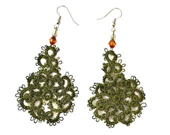 Long Green Lace Earrings Gift for Her Statement Jewelry Unique Ear Pendants Crochet Handmade Accessories