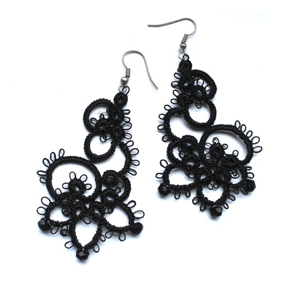 Black Earrings Lace Long filigree needlework gift for her statement jewelry