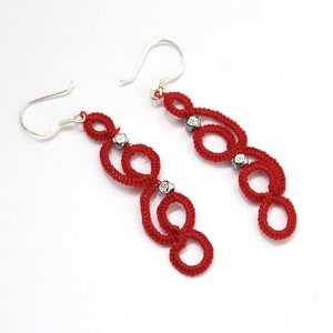 Red earrings crochet tatted jewelry statement jewelry long earrings
