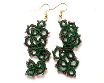 Green long earrings crocheted earrings dark green gift idea 5.5 cm stainless steel hook crochet jewelry statement jewelry