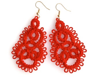 Red Lace Earrings Crocheted Long Hanging Earrings Statement Earrings Gift for Women