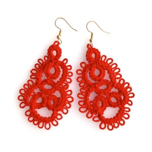 Handmade Red Earrings, Tatting Crochet Earrings, Statement Dangle Earrings, Gift for Women