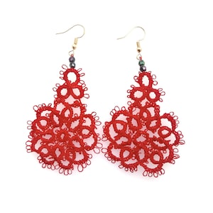 Handmade Red Tatting Earrings, Lace Earrings, Statement Jewelry, Lightweight Earrings, Gift for Women, Crochet Earrings