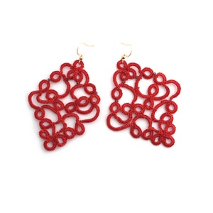 handmade red earrings,  statement jewelry, handmade lace earrings, lace earrings, gift for women, tatting jewelry, crochet earrings
