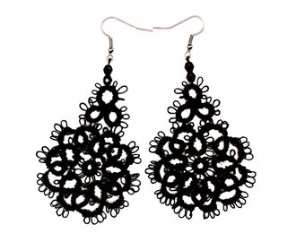 Pendientes negros Occhi encaje crochet grandes pendientes largos, pendientes crochet, bisutería de encaje, regalo para mujer