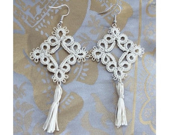 boho tassel earrings creme crochet jewelry gift idea long white dangle earring