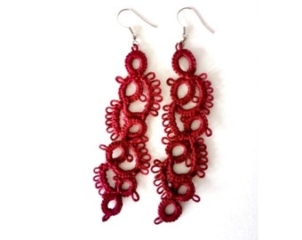 Red large earrings long statement unique gift for women lace jewelry boho crochet