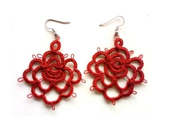 Red earrings, large, rose ear pendants, statement earrings, gift for her, modern lace earrings crochet earrings birthday gift flower earring