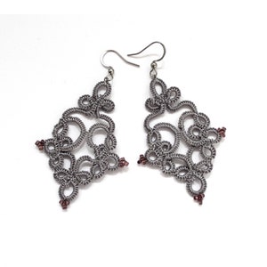 Gray crocheted earrings, lace earrings, handmade textile jewelry, gift for women, tatted lace earrings