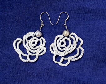 Earrings white rose pearl crochet jewelry dangle bridal earrings frivolite elegant gift for her