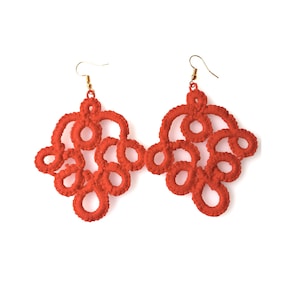 Red large earrings, long earrings, gift for her, modern lace jewelry, statement earrings, unique ear pendants, boho jewelry