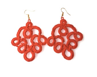 Red large earrings, long earrings, gift for her, modern lace jewelry, statement earrings, unique ear pendants, boho jewelry