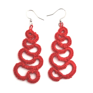 Red Tatting Lace Earrings – Handmade, Lightweight, Statement earrings, boho jewelry, Gift for women, crochet earrings