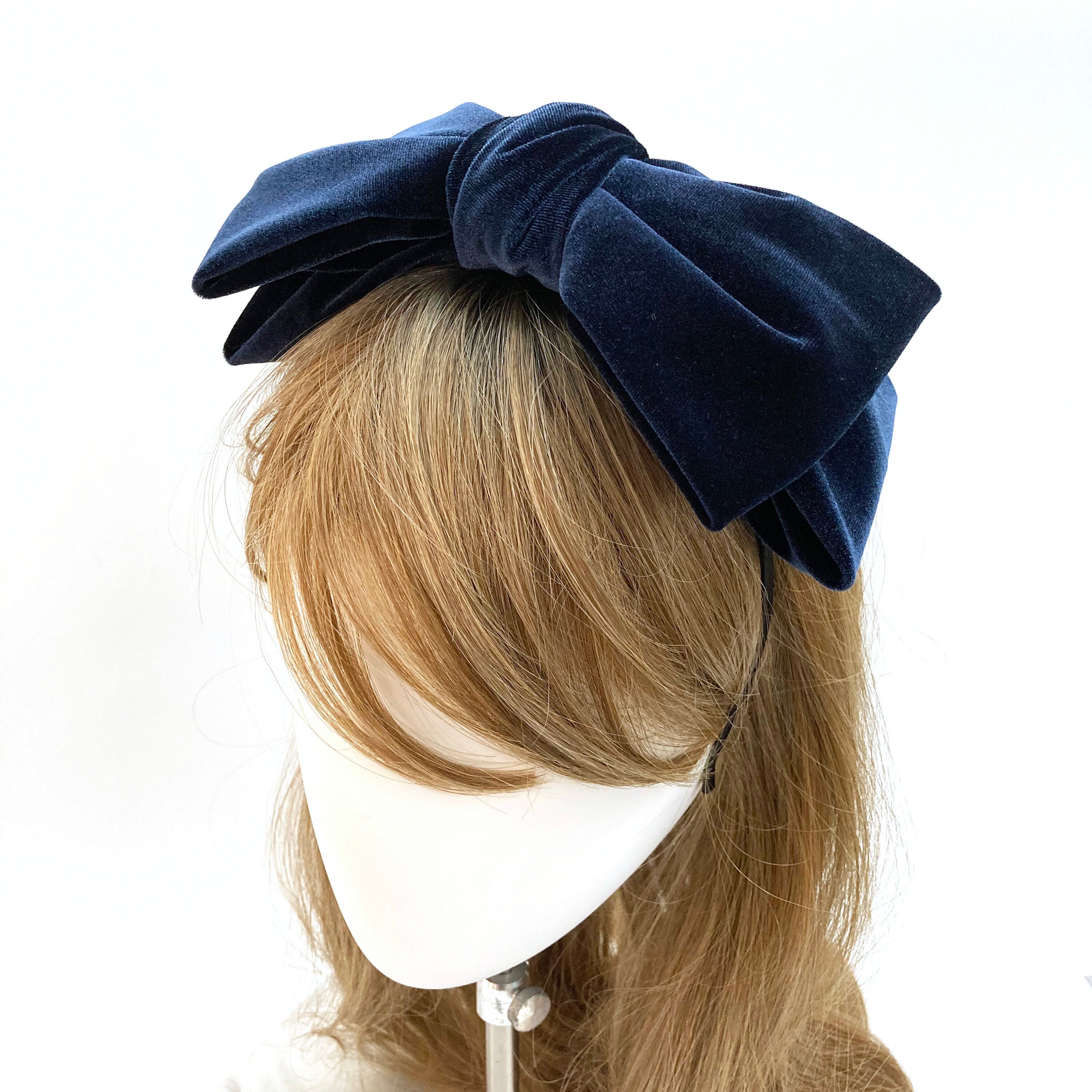 Fluffy velvet big bow headband black and navy velvet oversize Etsy