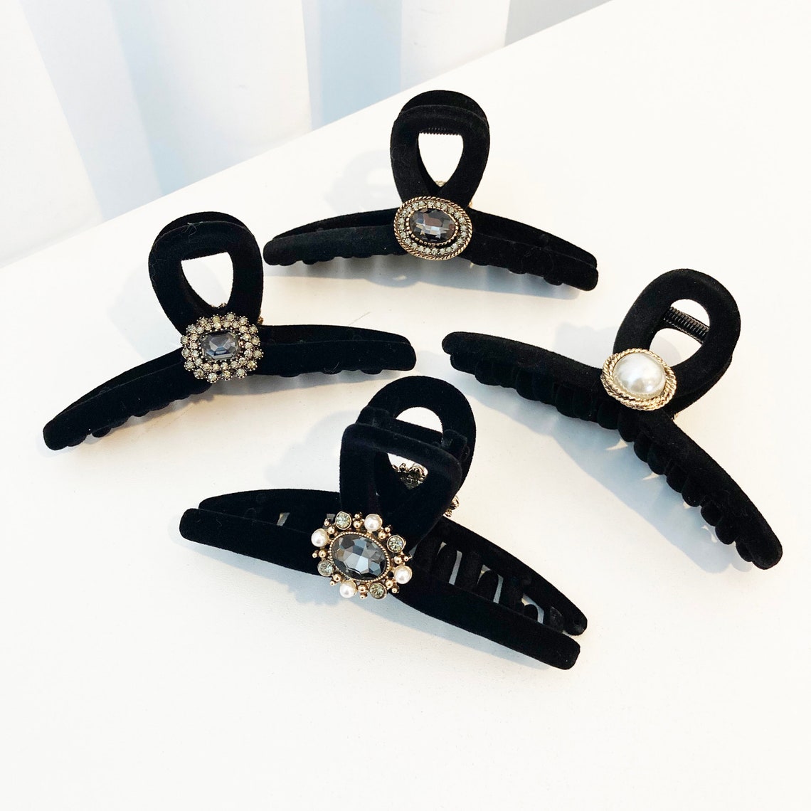 Black Velvet Twisted Large Hair Claw Clamp Clip With Crystal Etsy