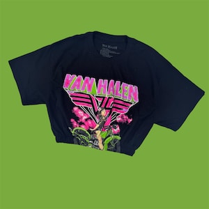 Van Halen Cropped Black Band Tee – Women’s Small, Elastic Waist Vintage-Inspired