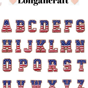 May include: A set of 26 iron-on patches featuring the letters of the alphabet in a bold, white font with a red, white, and blue American flag design. The patches are perfect for adding a patriotic touch to clothing, bags, or other fabric items.