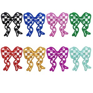 May include: Eight colourful bow patches with a chequered pattern. The bows are in various colours, including black, blue, pink, green, red, gold, purple, and teal. The text "Longancraft" is at the top.