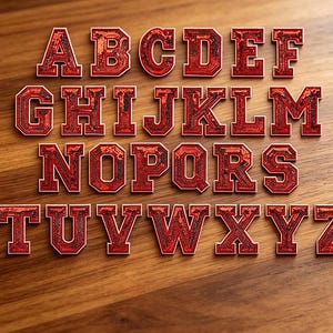 May include: A complete set of twenty-six alphabet letters from A to Z, each rendered as a red sequined patch with a white border. The letters are arranged in four rows, featuring a bold, block-style varsity font with a shimmering, reflective surface.
