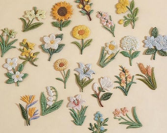Flower Iron On Patches, Sunflower, Lily, Hydrangea Embrodered Patch, Plant Embroidery Applique