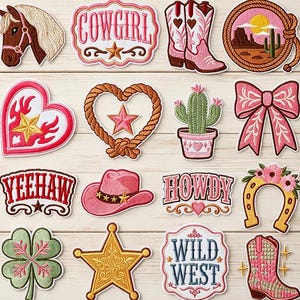 May include: A collection of embroidered iron-on patches featuring Western-themed designs including a horse head, cowgirl text, pink cowboy boots, a desert landscape, a heart, a cactus, a bow, yeehaw text, a pink hat, howdy text, a horseshoe, a clover, a star, wild west text, and a boot.