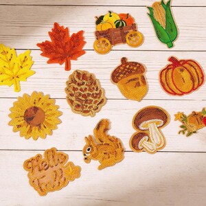 May include: A collection of embroidered patches featuring autumn themes including a yellow leaf, orange maple leaf, a wagon with pumpkins, corn, a sunflower, a pinecone, an acorn, a pumpkin, mushrooms, a squirrel, and a Hello Fall sign.