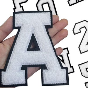 Toppa in ciniglia con lettere bianche da 2,7 pollici/4,4 pollici, toppe con alfabeto fai da te, toppe con lettere grandi, toppe per borse per abbigliamento, toppe stirabili