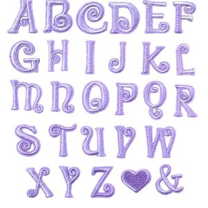 May include: A collection of embroidered lavender alphabet letters, a heart, and an ampersand. The letters are in a decorative font with a stitched texture. The brand name "Longancraft" is at the top. The background is white.