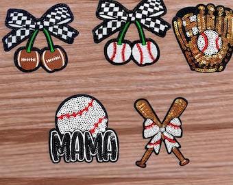 Baseball Sequin Iron On Patch, MAMA, Cherry Football, Bat Appliques